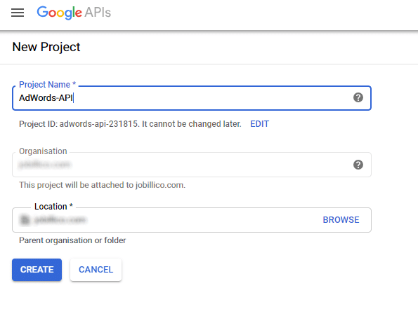 Create a new project in Google Ads API