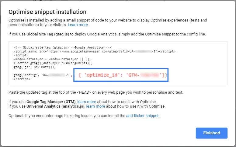 Copy Google Optimize snippet installation code