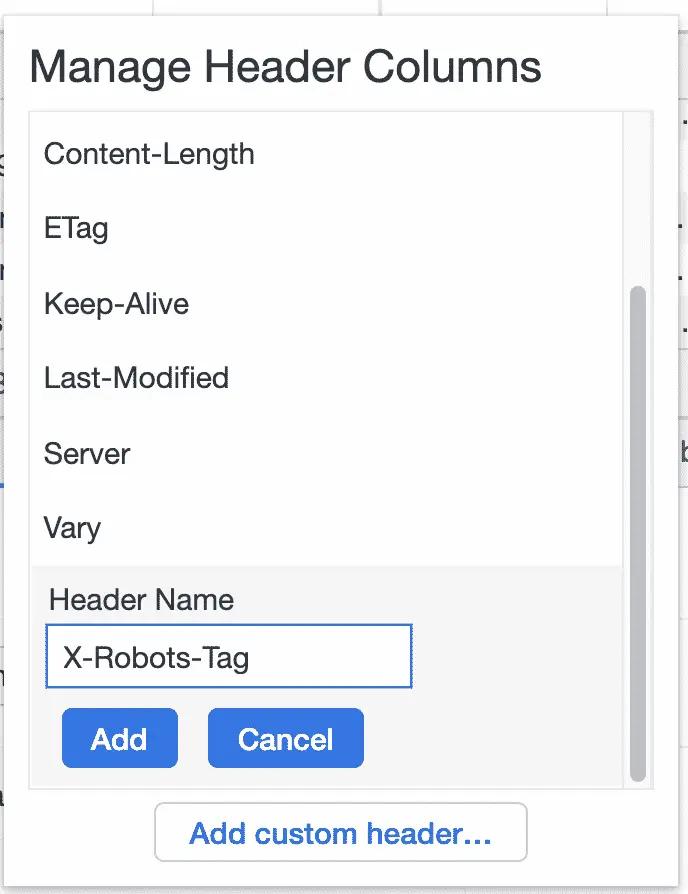 add x-robots-tag to response header columns